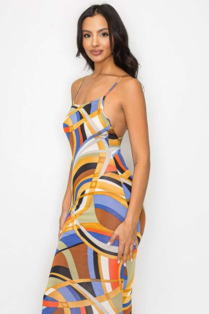 Crossed Back Marble Print Multicolor Midi Dress