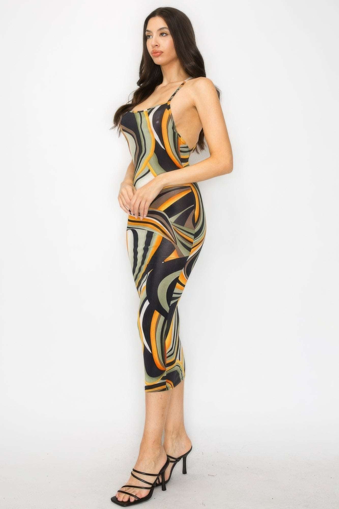 Crossed Back Marble Print Multicolor Midi Dress