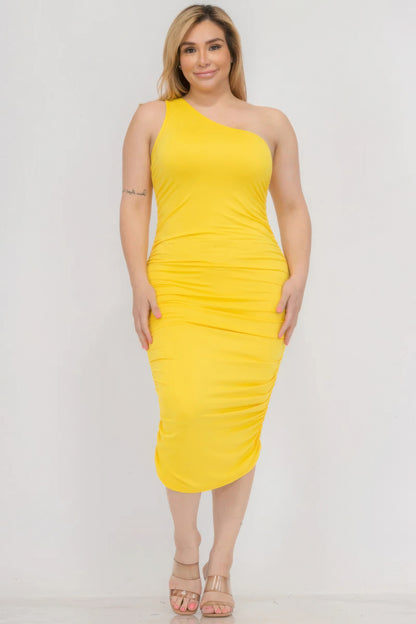 Plus Size Sexy Solid Color Ruched One Shoulder Midi Bodycon Dress