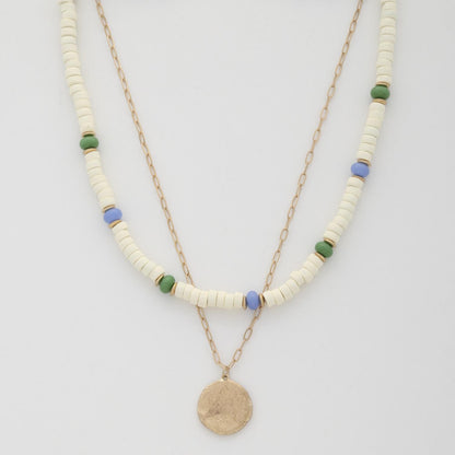 Coin Wood Bead Layered Necklace